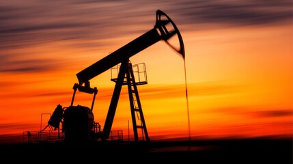 Silhouette of a pumpjack extracting resources against a vibrant, fiery sunset sky with streaks of color