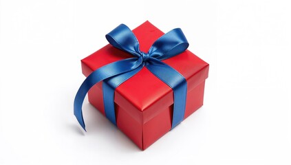 Blue ribbon wrapped around a red present against a white backdrop