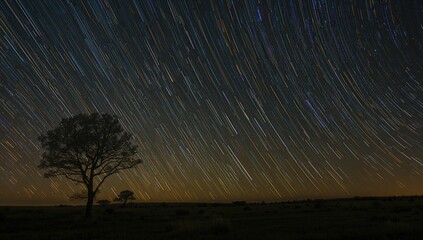 Night sky star trails over solitary tree branches in remote wilderness, nature, art, gold, landscape, stars, green