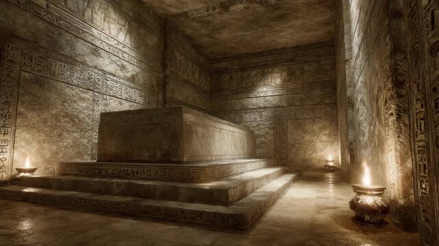 Egyptian Funerary Chamber with Sarcophagus Hieroglyphics Stone Walls Illuminated Archaeological Historical Monument Concept Art Photography Design

