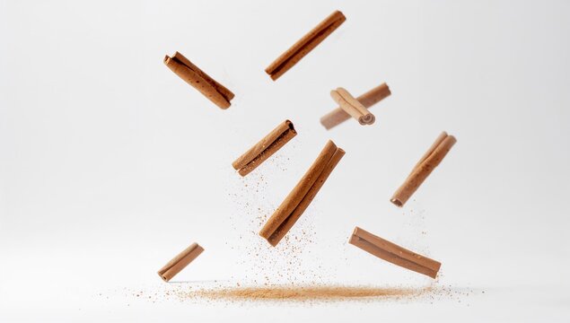 Cinnamon sticks soaring against a white background, beneficial spice choice