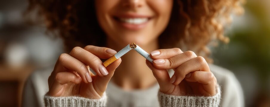 Woman breaks her cigarette in a close up shot, symbolizing quitting smoking and new beginnings