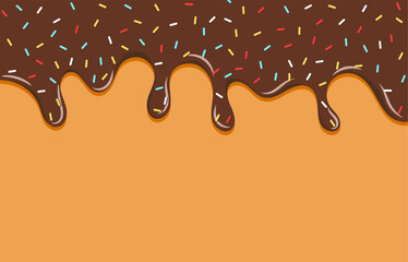 Dripping brown sweet donut glaze vector background, Colorful sprinkles banner background