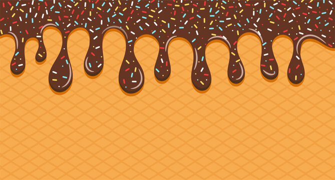 Dripping brown sweet donut glaze vector background, Colorful sprinkles banner background