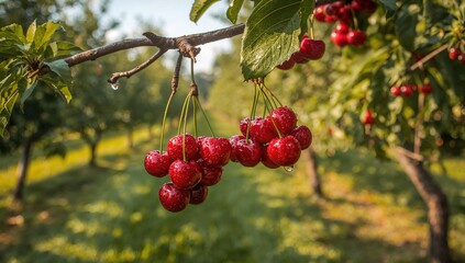 Obraz premium A branch of a fruit tree hangs heavy with mature cherries, glistening with raindrops after a rain shower in an orchard.