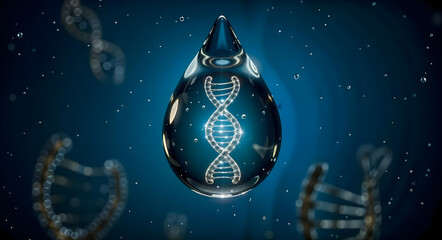 Water droplet containing DNA helix, origin of life and biotechnology concept, 3d render