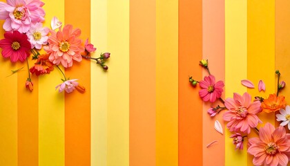 Obraz premium Flowers frame a striped yellow/orange background, blooms on the edges creating a vibrant, colorful arrangement