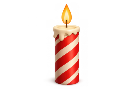 Christmas candle with red and white stripes, burning flame providing decorative holiday lighting