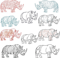 Isolated a kinds of deferent rhino art line vector art color with white background.