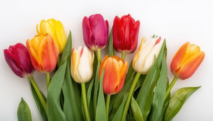 Obraz premium Bouquet of vibrant tulips against a white backdrop, seasonal beauty, Spring observance