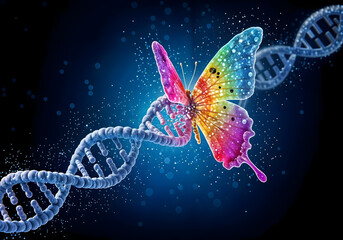 Butterfly evolving from DNA strands, genetics and life transformation, 3d visualization