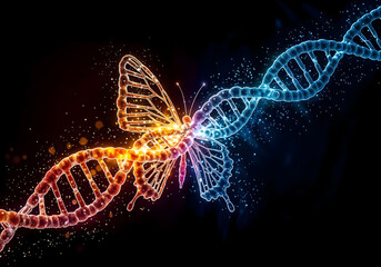 Genetic metamorphosis — DNA helix becoming butterfly, biotechnology and biology art, 3d render
