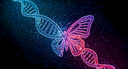 DNA transforming into butterfly, evolution and transformation concept, 3d illustration