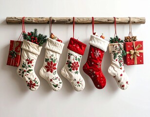 Bottes de Noël rouges et blanches suspendues à une étagère en bois. Generated Image.