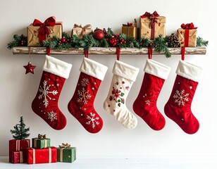 Bottes de Noël rouges et blanches suspendues à une étagère en bois. Generated Image.