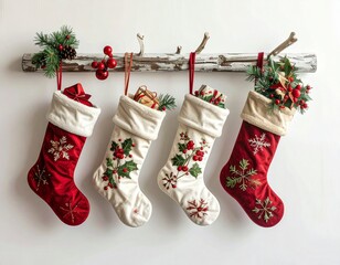 Bottes de Noël rouges et blanches suspendues à une étagère en bois. Generated Image.
