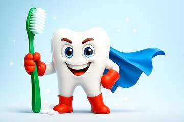 Cartoon superhero tooth character holding toothbrush and wearing cape