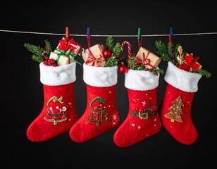 Bottes de Noël emplies de cadeaux, suspendues et isolées sur fond noir. Generated Image.