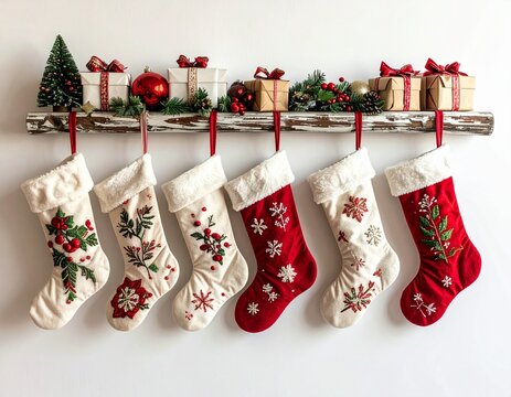 Bottes de No&euml;l rouges et blanches suspendues &agrave; une &eacute;tag&egrave;re en bois. Generated Image.