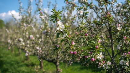 Obraz premium Blooming Apple Orchard in Spring, seasonal change