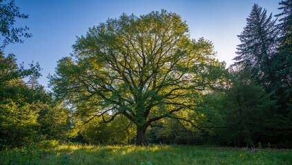 Obraz premium Majestic tree standing alone within a lush forest, a symbol of nature's resilience