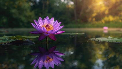 Fototapeta premium Large violet lotus blossom floating on water surface