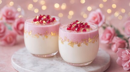 Romantic strawberry mousse dessert with gold leaf and pomegranate served in glass on pink background
