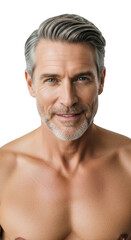 Obraz premium A confident middle-aged caucasian man with silver-grey hair, blue eyes, and stubble beard, smiling shirtless, looking at camera on a white studio background with copy space. Concept of male grooming
