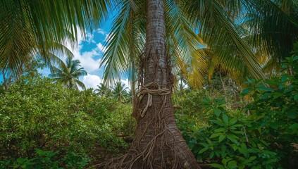 Securing a rope around a palm tree for climbing or farming purposes