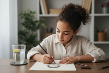 Focused young girl sketching a portrait on paper at her desk. Creative child learning art as a hobby at home. Education and talent development