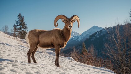 Obraz premium Adult Mouflon in a Snowy Landscape Under Bright Sunshine, Seasonal Change