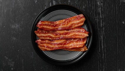 Top-Down View of Fresh Striped Bacon on a Rustic Dark Surface