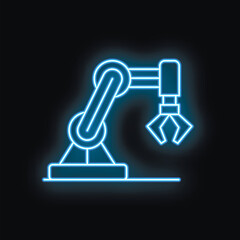Blue neon icon of a robotic arm holding something with its grabber, isolated on a black background
