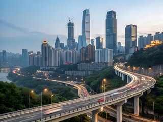 Fototapeta premium Night traffic in Hong Kong city with glowing lights and skyscrapers