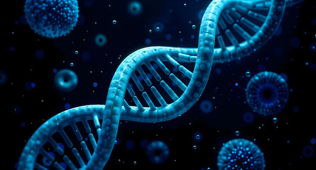 Bright DNA strand among human cells, molecular science and biotechnology visualization, 3d render