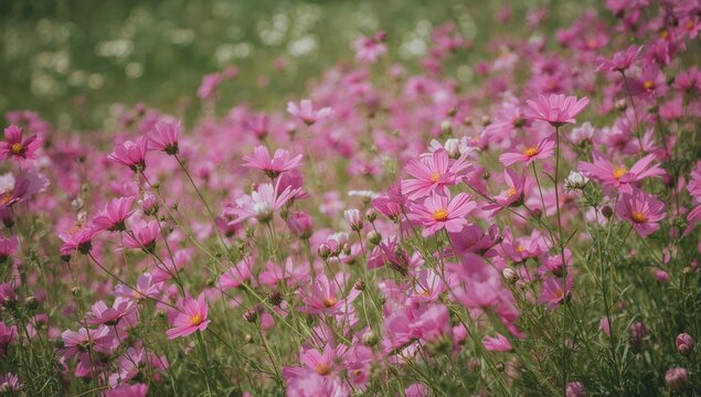 Vibrant pink cosmos bipinnatus flowers blooming freshly in a natural meadow