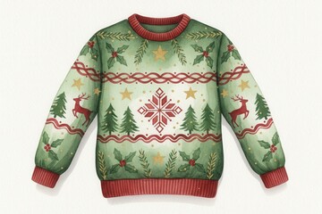 Watercolor illustration of a festive Christmas sweater. Green and red holiday jumper with a reindeer and snowflake pattern. Christmas Jumper Day concept isolated on white