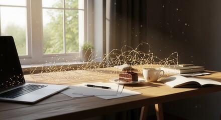 Cozy morning workspace with a laptop and glowing fairy lights on a wooden desk. Work from home setup with coffee and cake