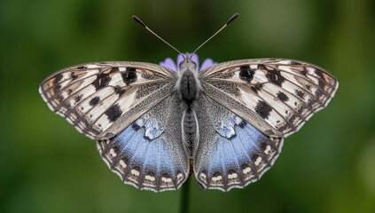 Naklejka premium Close-up shot of a stunning grey butterfly featuring black and white spots and shimmering blue wings when open, resting on a flower in summer nature