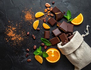 Scattered chocolate pieces with orange filling, mint leaves, orange pieces, scattered cocoa and candied orange, cocoa beans in a canvas bag, top view, black table.