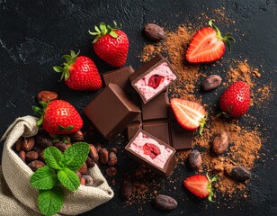 Scattered chocolate pieces with strawberry filling, mint leaves, strawberries, scattered cocoa, cocoa beans in a canvas bag, top view, black table.