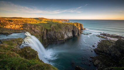 Beautiful waterfall cascading over lush moss-covered stones in a scenic cove, seasonal change