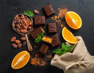 Scattered chocolate pieces with orange filling, mint leaves, orange pieces, scattered cocoa and candied orange, cocoa beans in a canvas bag, top view, black table.