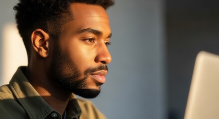 Focused young Black man working on a laptop from home. Close-up profile of a professional concentrating in warm sunlight. Remote work concept