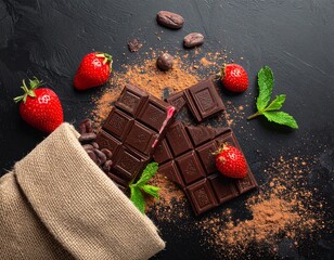 Scattered chocolate pieces with strawberry filling, mint leaves, strawberries, scattered cocoa, cocoa beans in a canvas bag, top view, black table.