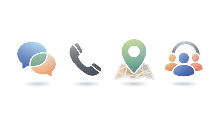 Modern gradient icons showing chat bubbles, phone, location pin on map, and customer support team representing communication, contact, and service connection.