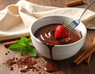 Melted chocolate in a bowl, a fork with a strawberry dipped in chocolate, a beige cloth, cinnamon sticks, mint leaves, spilled cocoa, a wooden table.