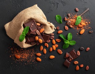Scattered chocolate pieces with almonds, mint leaves, almonds, scattered cocoa, cocoa beans in a canvas bag, top view, black table.