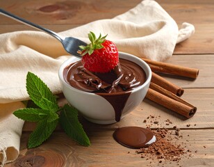 Melted chocolate in a bowl, a fork with a strawberry dipped in chocolate, a beige cloth, cinnamon sticks, mint leaves, spilled cocoa, a wooden table.