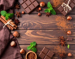 Chocolate pieces, hazelnuts, anise, brown cloth, cinnamon sticks in strings, mint leaves, scattered cocoa, top view, wooden table.